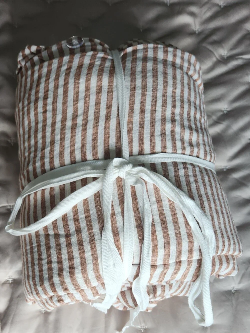 Quince European Linen Duvet Cover Set-Striped Terracotta/White (King/Cal Sized)